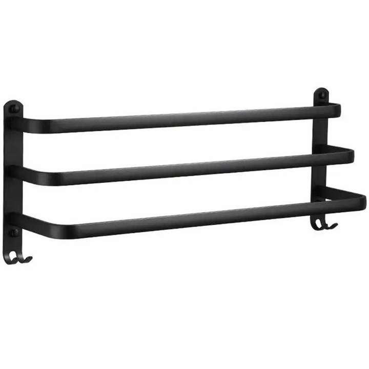 VarioShop® törülközőtartó, falra szerelhető, 3 szint, szerelési tartozékok, víz- és rozsdaálló, alumínium, 49 x 24 cm, fekete