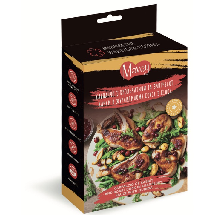 MAVSY Dog Treats, заешко карпачо и печена патица в сос от червени боровинки, 100 гр