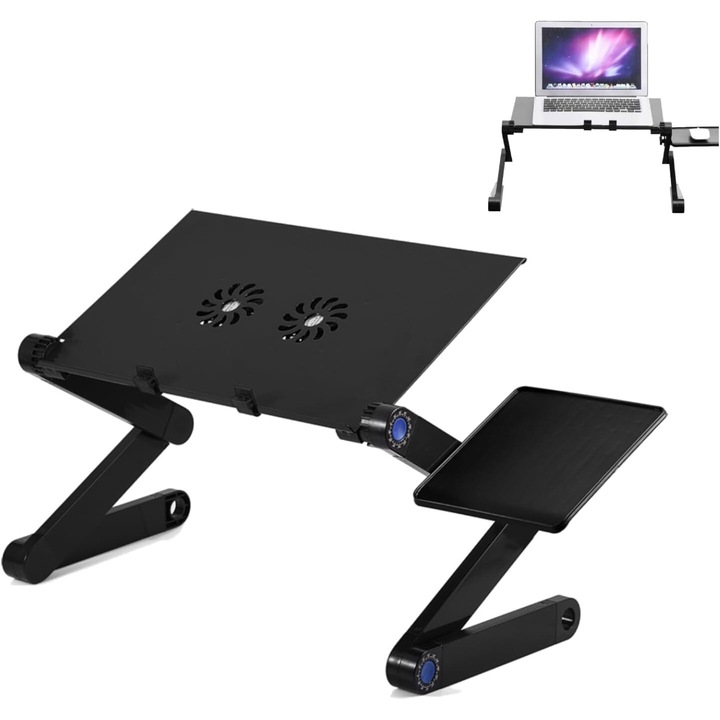 OEM Laptop asztal, összecsukható laptopállvány egérpad-tartóval, többfunkciós, dupla szellőzőrendszer típusú kollektor USB-n, állítható magasság és dőlésszög, 420x260 mm, fekete