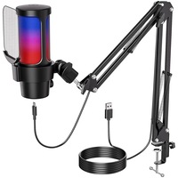 Microfon Gaming, pentru Streaming, Youtube, Reducere Zgomot Fundal, Functie Mute, Cardioid, lumina RGB, Condensator, Profesional, Conexiune USB, Brat Ajustabil, compatibil Windows, MacOS, PS4, PS5, Negru