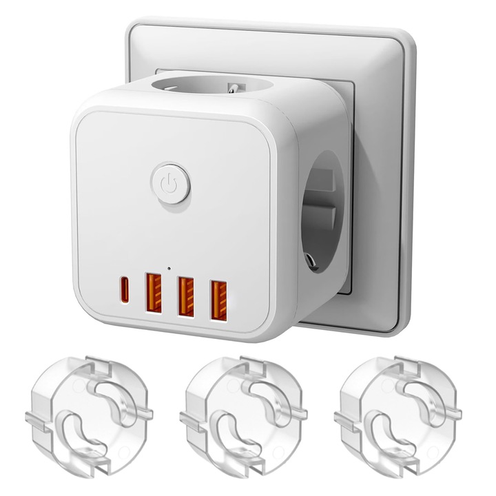 Адаптер за контакт Cube 7 в 1, BYONDSELF, 4000 W, 16 A, 3 x USB-A, 1 x Type-C, с превключвател, бял
