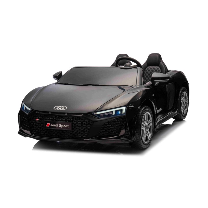 Masina electrica Audi R8 SPYDER cu doua locuri 24V, negru, MP3 Player cu USB/AUX si Bluetooth, Baterie 24V/14Ah, 2 motoare 200W, roti EVA cu suspensie spate, Scaune din piele, Controller cu cadran, Model cu Licenta