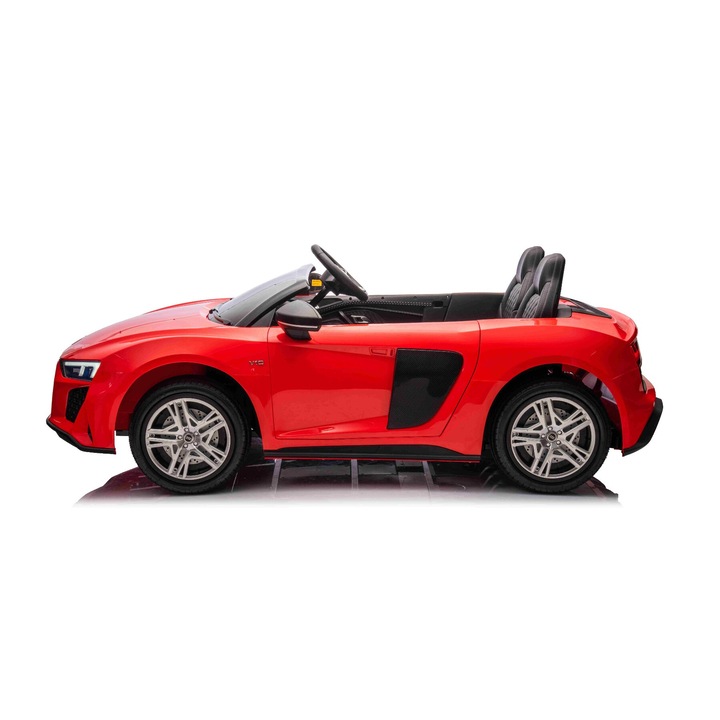 Masina electrica Audi R8 SPYDER cu doua locuri 24V, rosu, MP3 Player cu USB/AUX si Bluetooth, Baterie 24V/14Ah, 2 motoare 200W, roti EVA cu suspensie spate, Scaune din piele, Controller cu cadran, Model cu Licenta