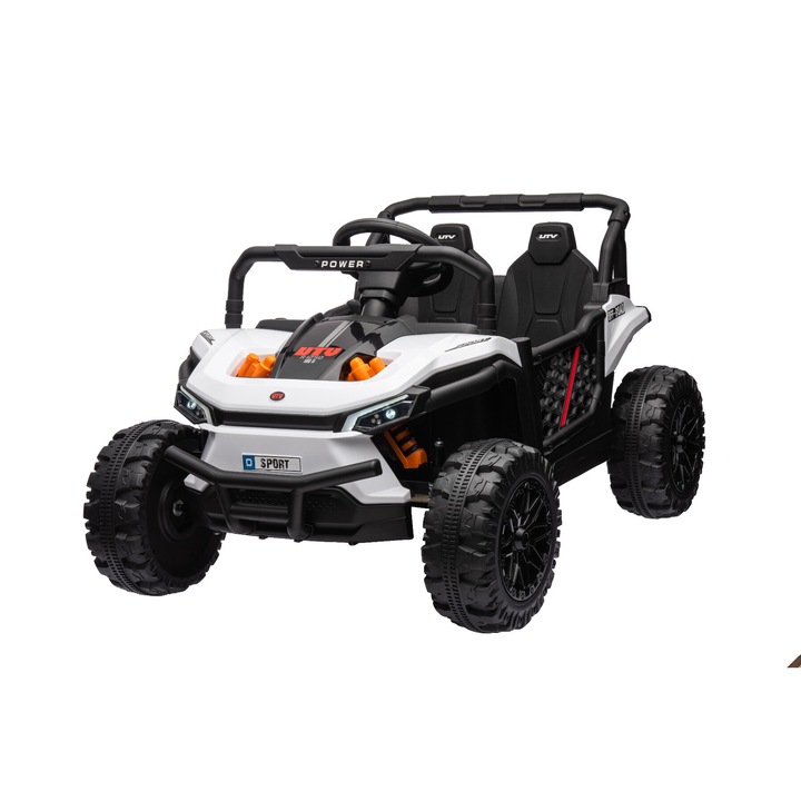 Masina electrica de jucarie UTV Small 12V, alb, Tractiune spate, baterie 12V, Roti din plastic, bancheta dubla, Telecomanda 2,4 GHz, Un singur loc, MP3 player cu intrare USB/SD, Lumini LED