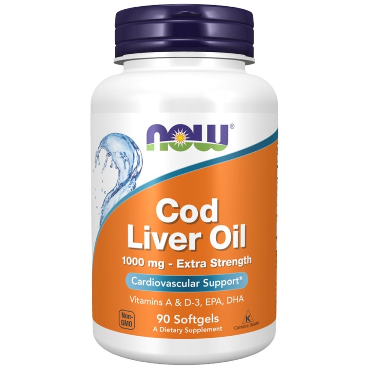 Supliment alimentar, NOW Foods Cod Liver Oil 1000 mg, 90 capsule Gel