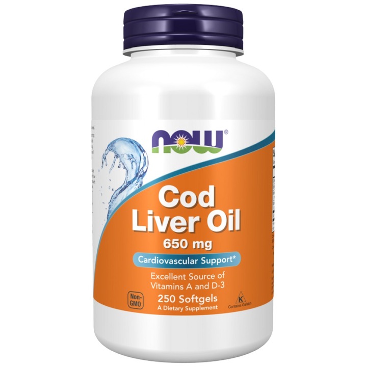 Supliment alimentar, Now Foods, Cod Liver Oil 650 mg, 250 capsule Gel