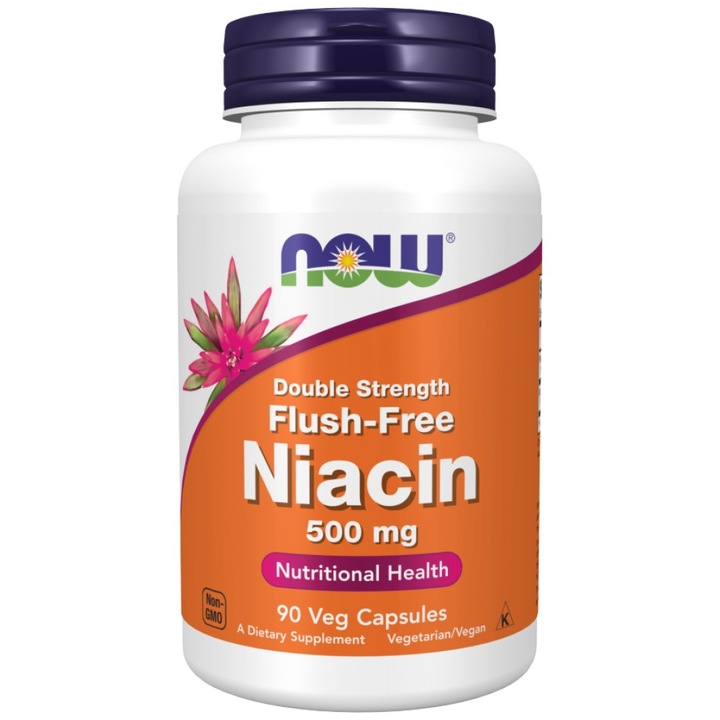 Хранителна добавка NOW Foods Flush-Free Niacin 500 mg Double Strength, 90 капсули