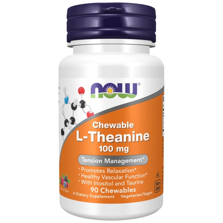 Хранителна добавка NOW Foods L-Theanine 100 mg Chewable with Inositol and Taurine, 90 Дъвчащи таблетки