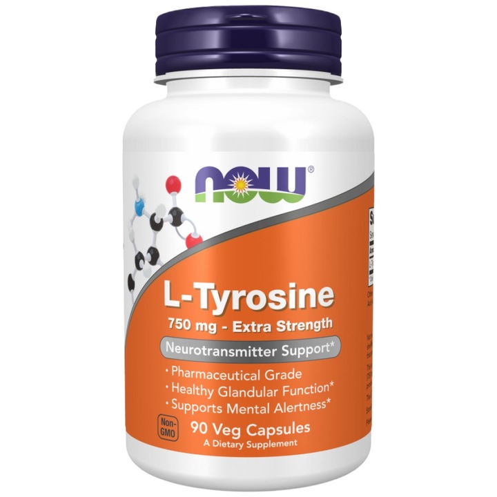 Хранителна добавка NOW Foods L-Tyrosine 750 mg Extra Strength, 90 капсули