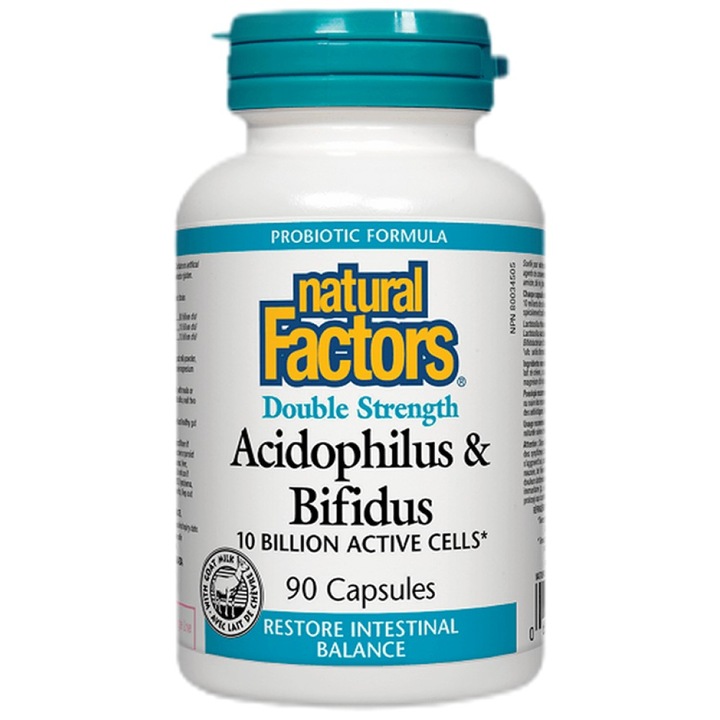 Хранителна добавка Natural Factors Acidophilus and Bifidus Double Strength 10 Billion Active Cells, 90 капсули