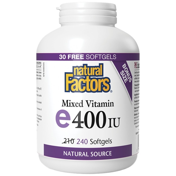 Supliment alimentar Natural Factors Vitamina E 400 UI · Sursa naturala 268 mg, 240 capsule de gel