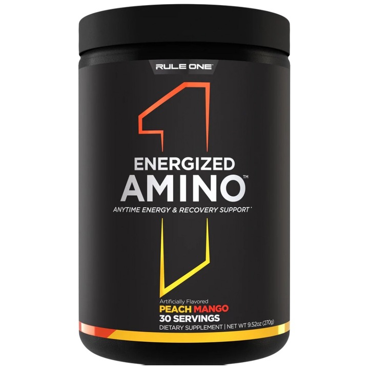 Supliment alimentar Rule1 Energized Amino cu cafeina naturala, piersici cu mango, 270 grame