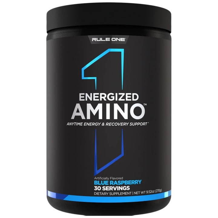 Supliment alimentar Rule1 Energized Amino cu Cofeina Naturala, Zmeura albastra, 270 grame