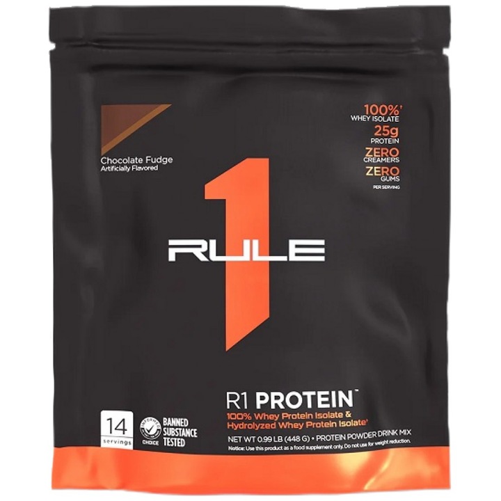 Хранителна добавка Rule1 R1 Protein 100% Whey Isolate and Whey Hydrolysate, Шоколадов фъдж, 450 грама