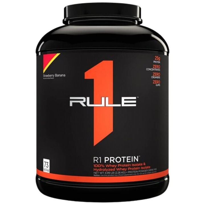 Supliment alimentar Rule1 R1 Protein 100% zer izolat si zer hidrolizat, capsuni si banane, 2196-2280 grame