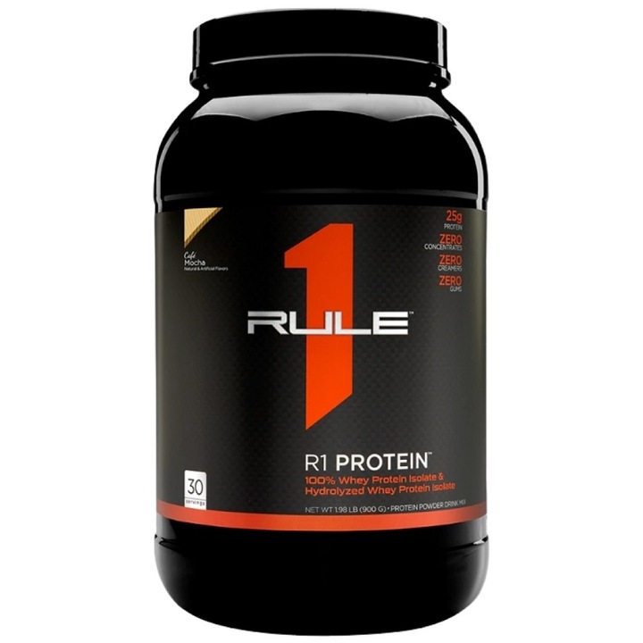 Supliment alimentar Rule1 R1 Protein 100% zer izolat si zer hidrolizat, cafea Mocha, 855-930 grame