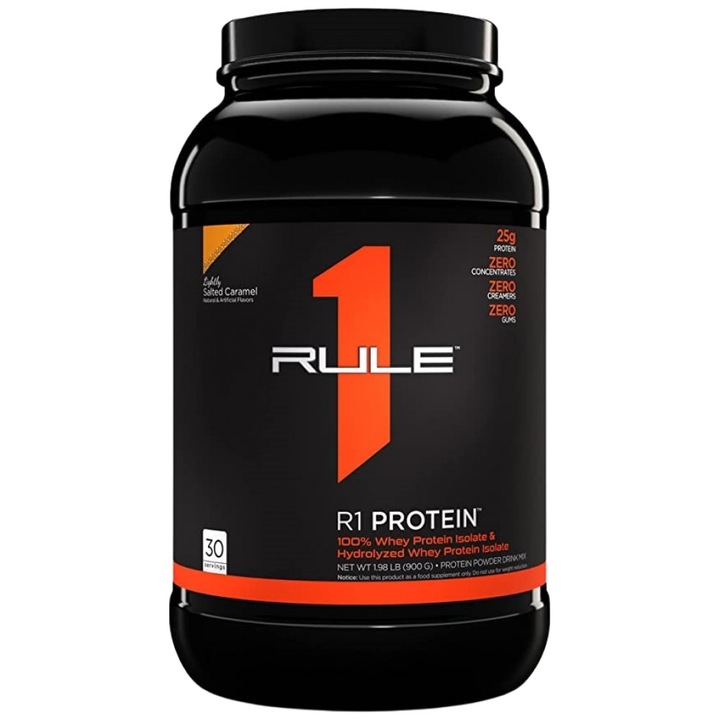 Supliment alimentar Rule1 R1 Protein 100% zer izolat si zer hidrolizat, caramel sarat, 855-930 grame