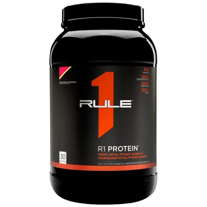 Хранителна добавка Rule1 R1 Protein 100% Whey Isolate and Whey Hydrolysate, Ягода и банан, 855-930 грама