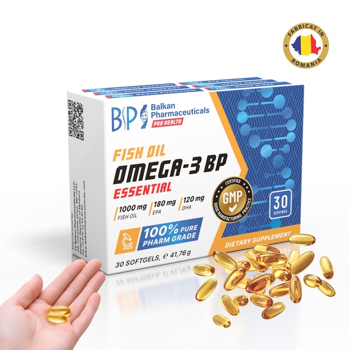 Supliment alimentar Omega-3 BP Essential, 30 capsule, ulei de peste concentrat, Balkan Pharmaceuticals®, 1000 mg acizi grasi omega-3, EPA & DHA, pentru sanatatea inimii, creierului si articulatiilor, certificare GMP