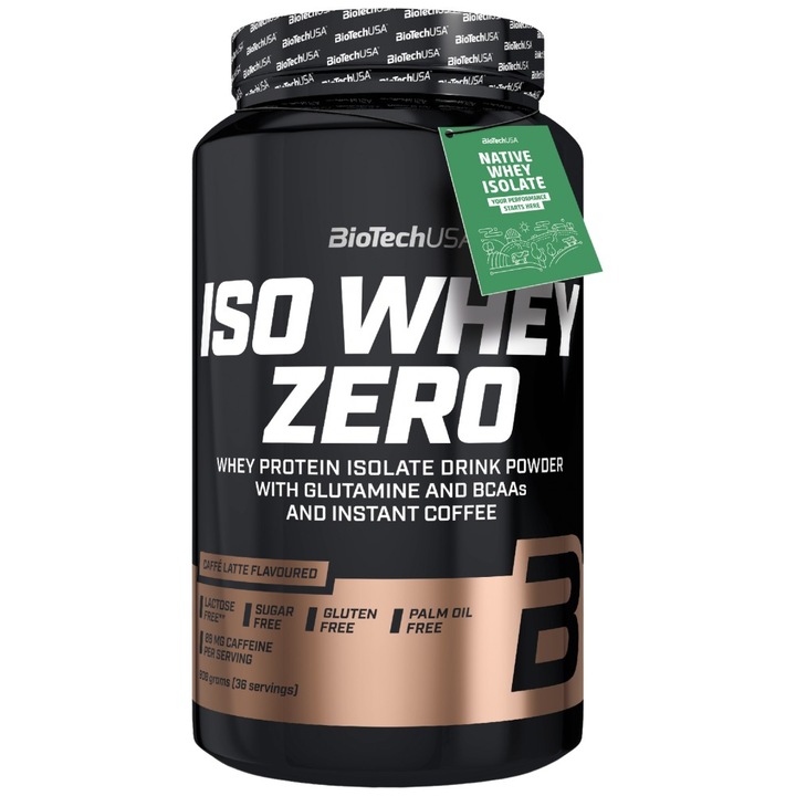 BioTech USA Iso Whey Zero étrend-kiegészítő, kávé - latte /80mg koffein adagonként/, 908 gramm
