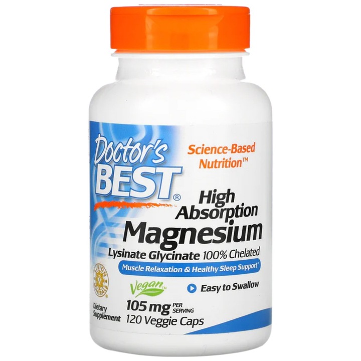 Хранителна добавка Doctors Best High Absorption 100% Chelated Magnesium Glycinate 105 mg, 120 капсули