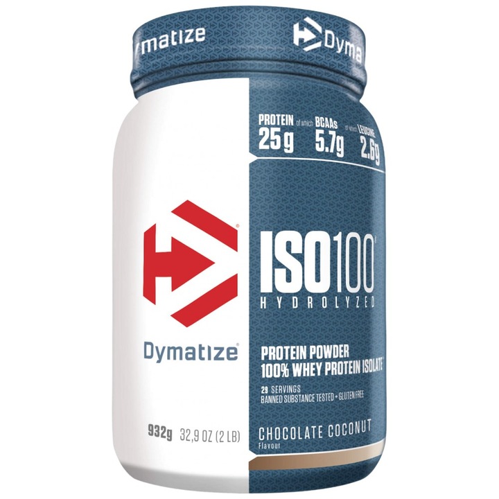 Хранителна добавка Dymatize ISO 100 Hydrolyzed, Шоколад с кокос, 932 грама