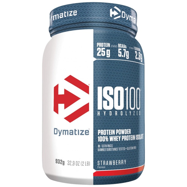 Хранителна добавка Dymatize ISO 100 Hydrolyzed, Ягода, 932 грама