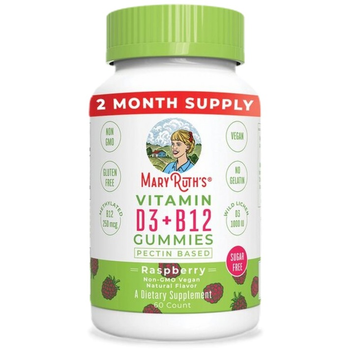 Supliment alimentar, MaryRuth Organics Vitamina D3 plus B12 Gummies, Zmeura, 60 Gummies