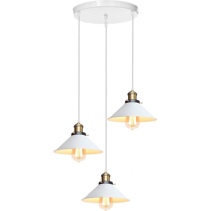 Goeco, ретро индустриален полилей с 3 рамена, метал, таванна лампа E27, абажур Edison Design, регулируем кабел, Ø22CM, бял