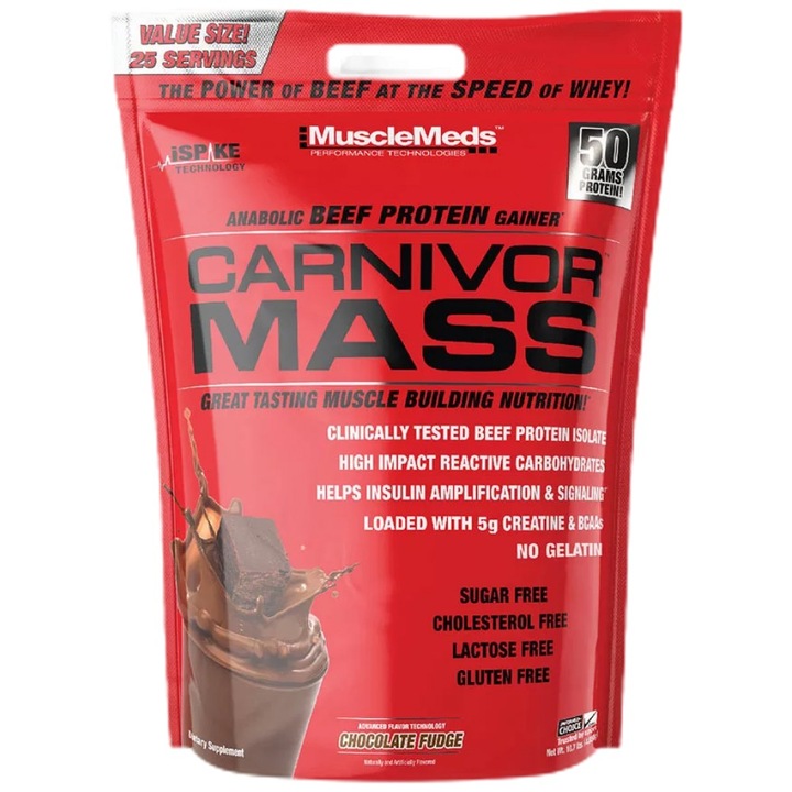 Supliment alimentar Muscle Meds Carnivor Mass / Beef Gainer, Fudge de ciocolata, 4540 grame