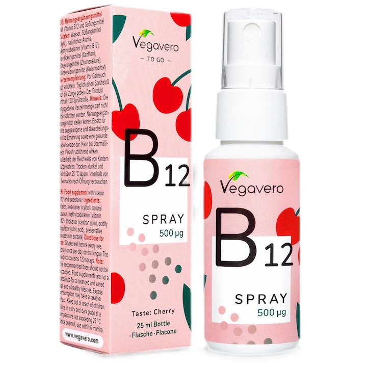Supliment alimentar Vegavero B12 Spray 500 mcg sub forma de metilcobalamina, cirese, 25 ml