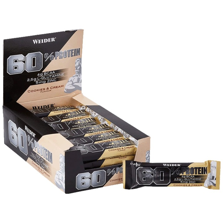 Supliment alimentar Weider 60% baton proteic, biscuiti cu crema, 24 x 45 grame