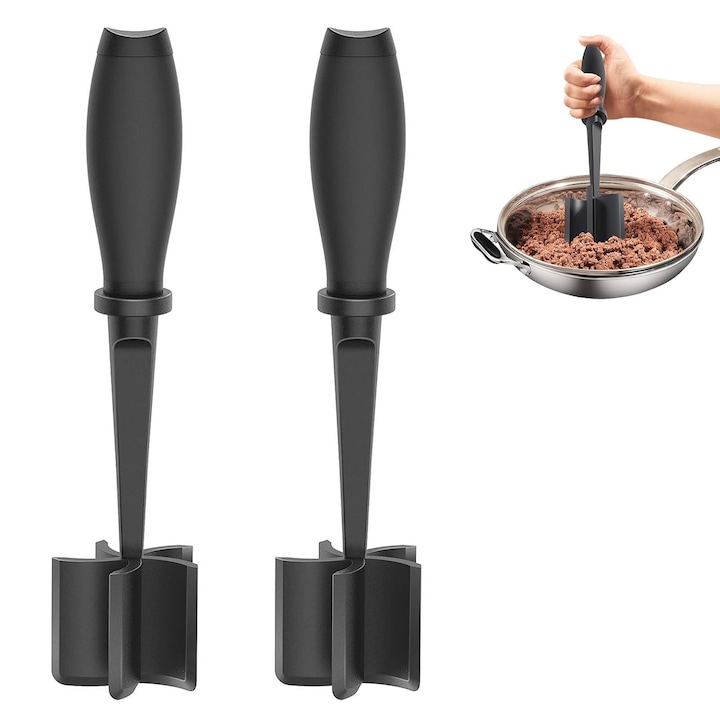 Masina de zdrobire de carne, SINBINTA, 2 buc, Antiaderent, Inodor, Fara BPA, Rezistent la caldura, Reutilizabile, Usor de curatat, Maner ergonomic, Pentru carne de vita tocata si carne de hamburger, Negru, 28x6.5 cm, ABS
