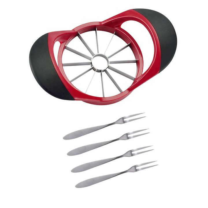 Set aparat pentru feliat mere, SINBINTA, Cu furculita pentru fructe, 8 lame, Rezistent la caldura, Reutilizabile, Usor de curatat, Ustensila ascutita pentru scobire cu maner ergonomic antiderapant, Otel inoxidabil/PP, 18x10.5x5.5 cm, Negru/Rosu