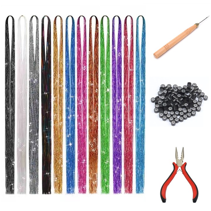 Set Extensii Colorate Pentru Par, Axroad Mall, 12 culori, Stralucitoare, Cu fir gros, Rezistent la caldura, Cu clesti, crosetat, 200 de inele de prindere captusite, Pentru femei Petrecere petrecere festival accesorii de par, PET, 63x4cm, Multicolor