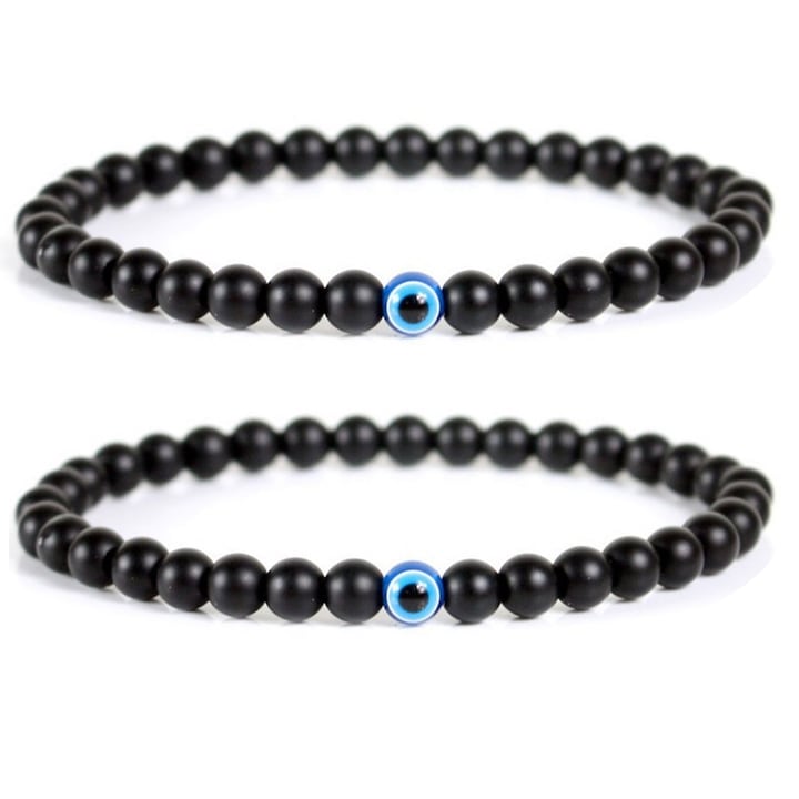 2 darab férfi karkötő szett, Axroad Mall, Természetes kő, Kék szemek, Rugalmas, Kerület 19 cm, Hipoallergén, Férfiaknak és nőknek egyaránt alkalmas, Áldások védelmére, szerencsehozó, Matt fekete
