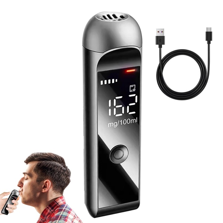 Преносим алкохолен тестер, Axroad Mall, дигитален, безконтактен, 80% точност, бърз анализ, непрекъснато откриване, работа до една седмица, LCD дисплей, зареждане Type-C, ABS/PC, 103x28x16 мм, черен