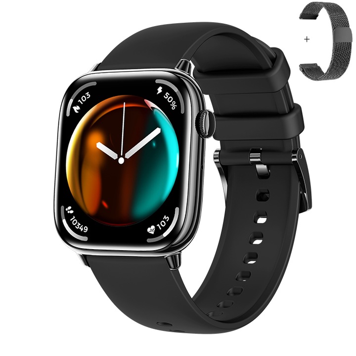 Matcso by CSM 4U PRODUCTS Okosóra, Amoled, 1,75 hüvelykes kijelző, 390x450 HD felbontás, IP68 vízálló, NFC, mágneses töltő, hívás/sms/közösségi média értesítések, fizikai aktivitás monitorozás, pulzusszám, vérnyomás, lépésszámláló, fekete