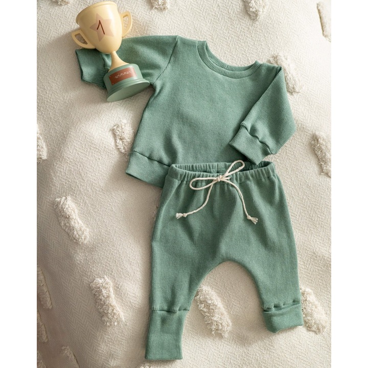 Compleu din jersey reiat verde turcuaz deschis cu pantaloni si bluza cu maneca lunga, Verde/Albastru