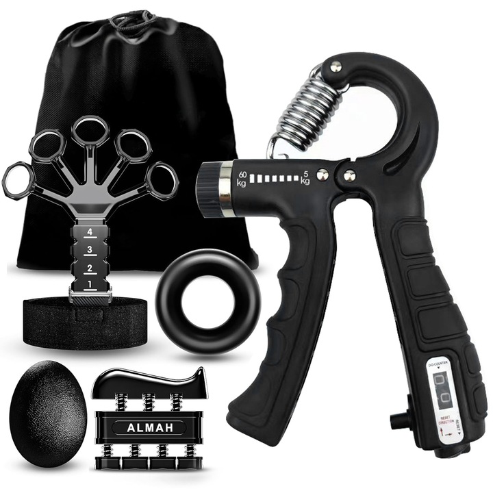 Flexor Maini Reglabil, Antrenor de Forta Ajustabil Pentru Antrenament Antebrat Exercitii Recuperare Maini Degete si Palma, 6 piese, Negru