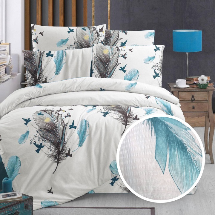 Dupla ágynemű Creponata 100% pamut, lepedő 200x230 cm, paplan 180x215 cm, 2 párnahuzat 50x70 cm, fehér-kék, Pucioasa