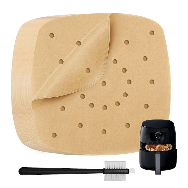 Set 100 bucati hartie de copt pentru friteuze cu aer, 19cm, rezistenta la caldura, perie inclusa