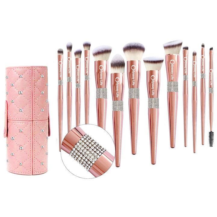 Pensule machiaj ODISSEY LIFE® 14 pensule Luxury Diamond Pink Rose, fard de pleoape, sprancene, amestecare, ventilator, set de pensule pentru gene, pentru contur, rose gold