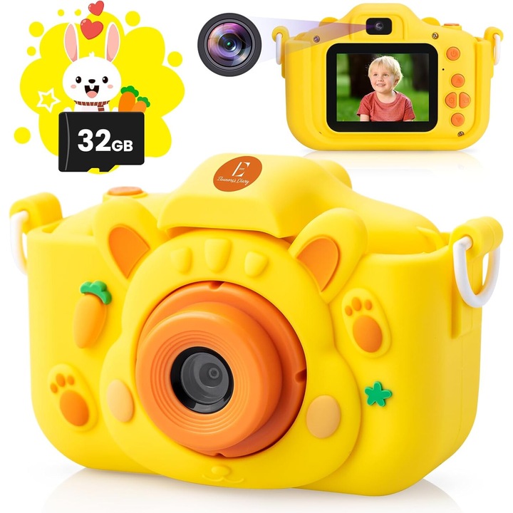 Детски цифров фотоапарат Morovan, 32MP, 1080P, жълт, с предпазен калъф, комплект с карта памет 32GB