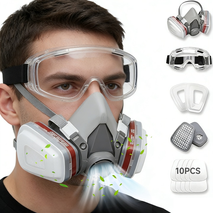 Set Ochelari si Masca de Protectie, Morovan, Masca respiratorie, reutilizabila, reglabila, dublu filtru, antivirus, cu ochelari de protectie, prevenirea particulelor de gaz, vaporilor de vopsea si toxinelor, 10 perechi de bumbac, Maro si alb