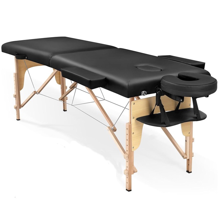 Pat pliabil negru Mamimo din lemn, reglabil pe inaltime, pentru cosmetica si masaj, piele ecologica, husa transport, usor de transportat, dimensiune 185 x 60 cm