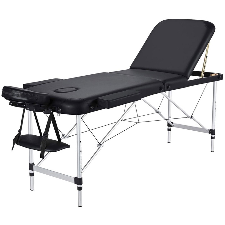 Pat pliabil negru din aluminiu usor Mamimo, cu suport picioare reglabil, reglabil pe inaltime, pentru cosmetica si masaj, piele ecologica, husa transport, usor de transportat, dimensiune 185 x 60 cm