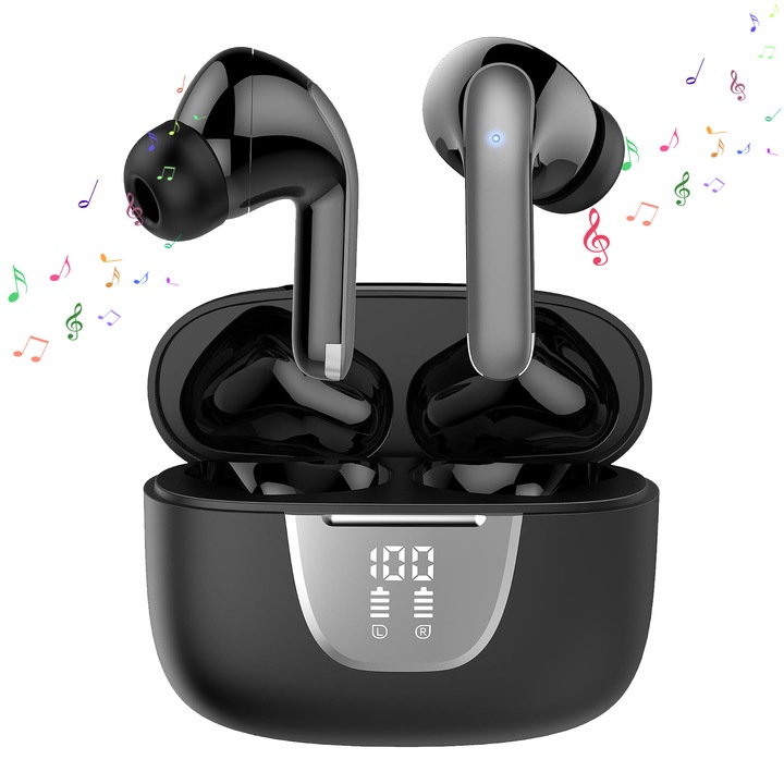 Morovan bluetooth безжични слушалки, Bluetooth 5.3, с подобрено шумопотискане, безжични, цифров дисплей, 40H автономност, IPX5 водоустойчивост, магнитна кутия, сензорно управление, черни