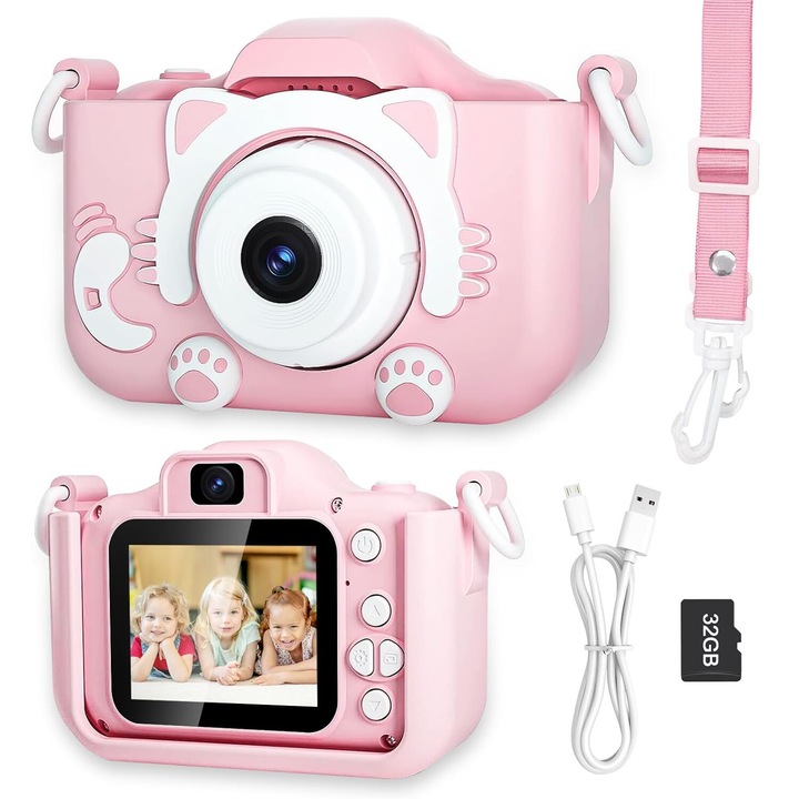 Digitális fényképezőgép gyerekeknek, Morovan, dupla kamera, Gyerekkamera, 32GB-os kártyával, fotó/videó funkcióval, time-lapse, 5 millió pixel, 2,0 hüvelykes kijelző, 600 mAh, Kisjátékok mellékelve, szilikon védelem, ABS, Rózsaszín