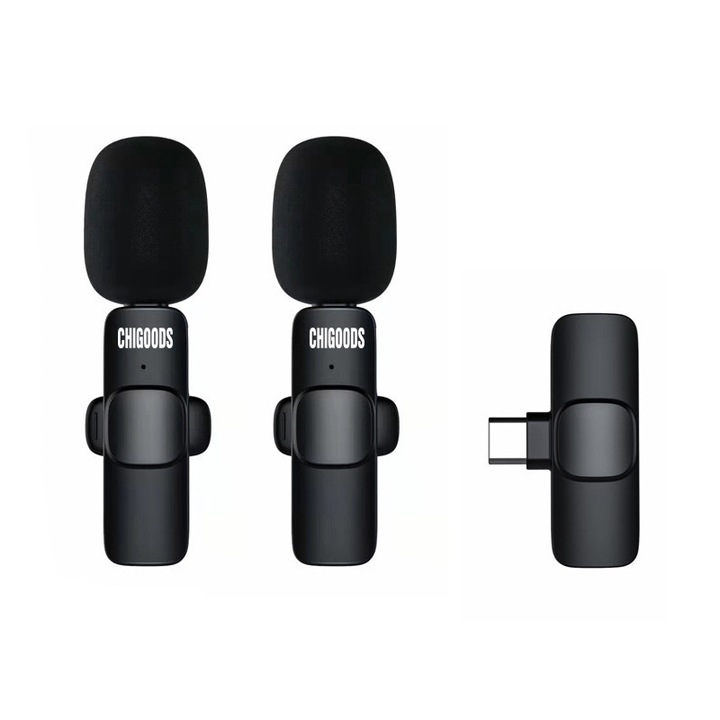 Комплект от 2 професионални петлични микрофона, CHIGOODS, безжичен 2.4G, USB Type-C, 800mAh, бързо свързване, предаване на живо, черен
